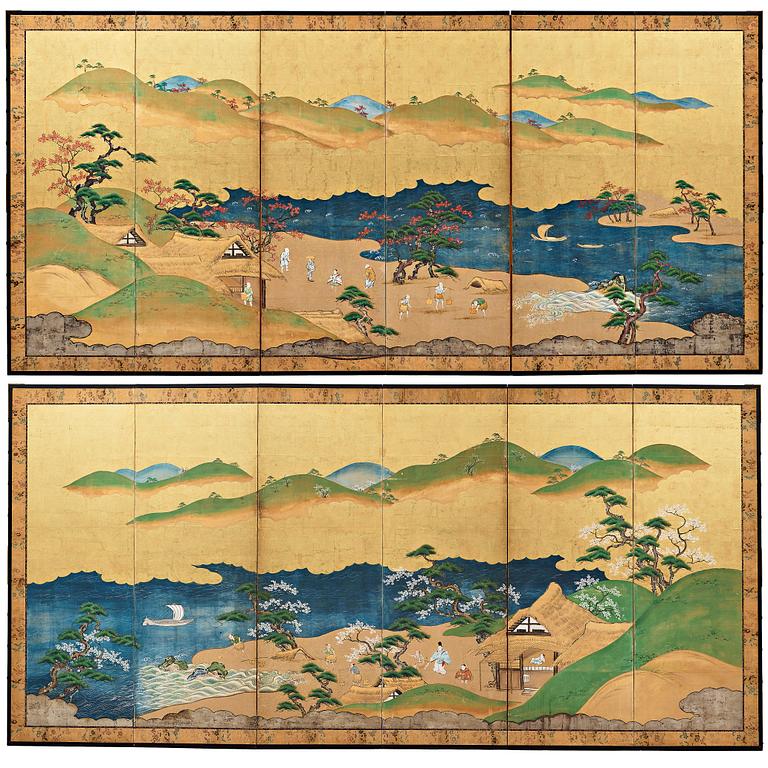 A pair of Japanese six panel screens, Edo period, 19th Century.