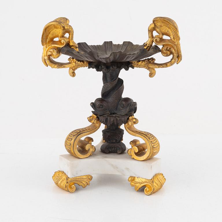 A presumably Italian gilt, patinated bronze, and marble Empire style tazza, late 19th century.