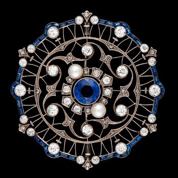136. A cultured pearl, old-cut diamond and synthetic sapphire brooch.