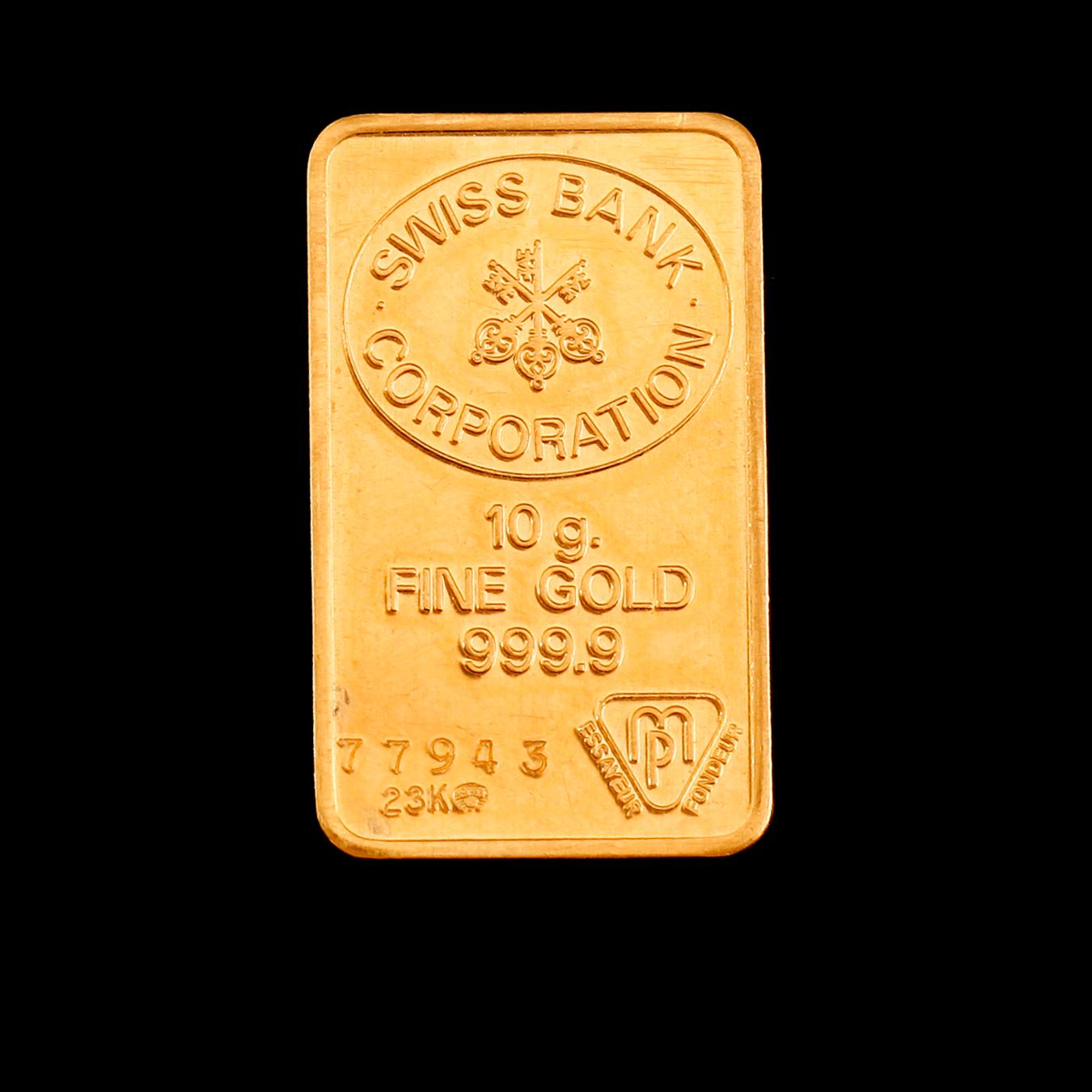 PLAKETT, fine gold, Swiss Bank Corporation. Vikt 10 gram.