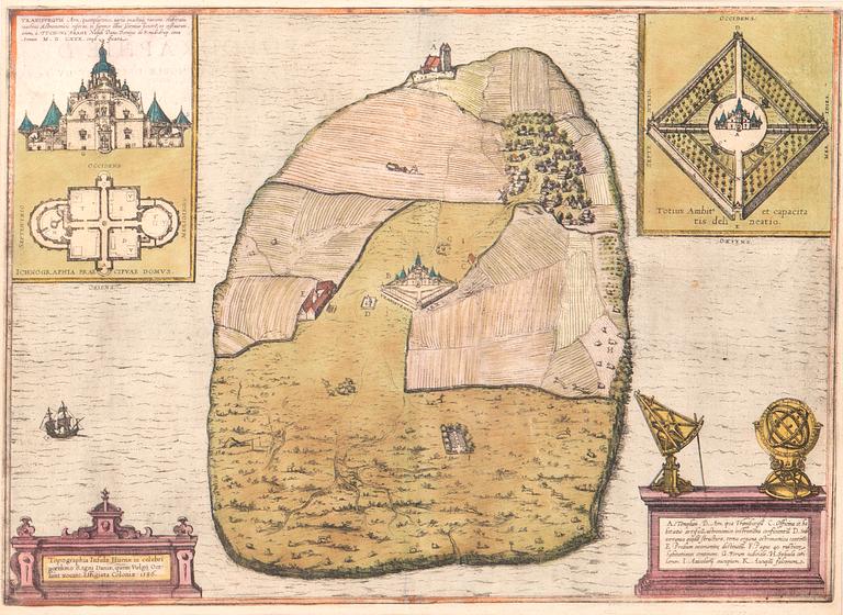 Georg Braun & Frans Hogenberg, karta över Ven / Hven, handkolorerat kopparstick, Köln ca 1586.