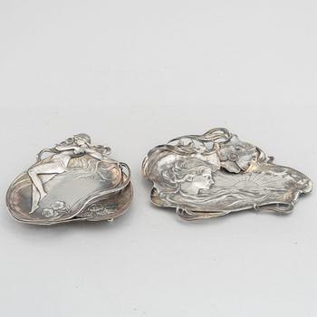 Two white metal Art Nouveau trays, Wurttembergische Metallwarenfabrik (WMF), Germany, beginning of 20th century.