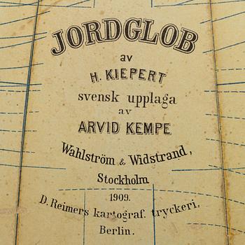 A globe by H.Keipert & ARvid Kempe, Wahlström & Widstrand, Stockholm, Sweden, 1909.