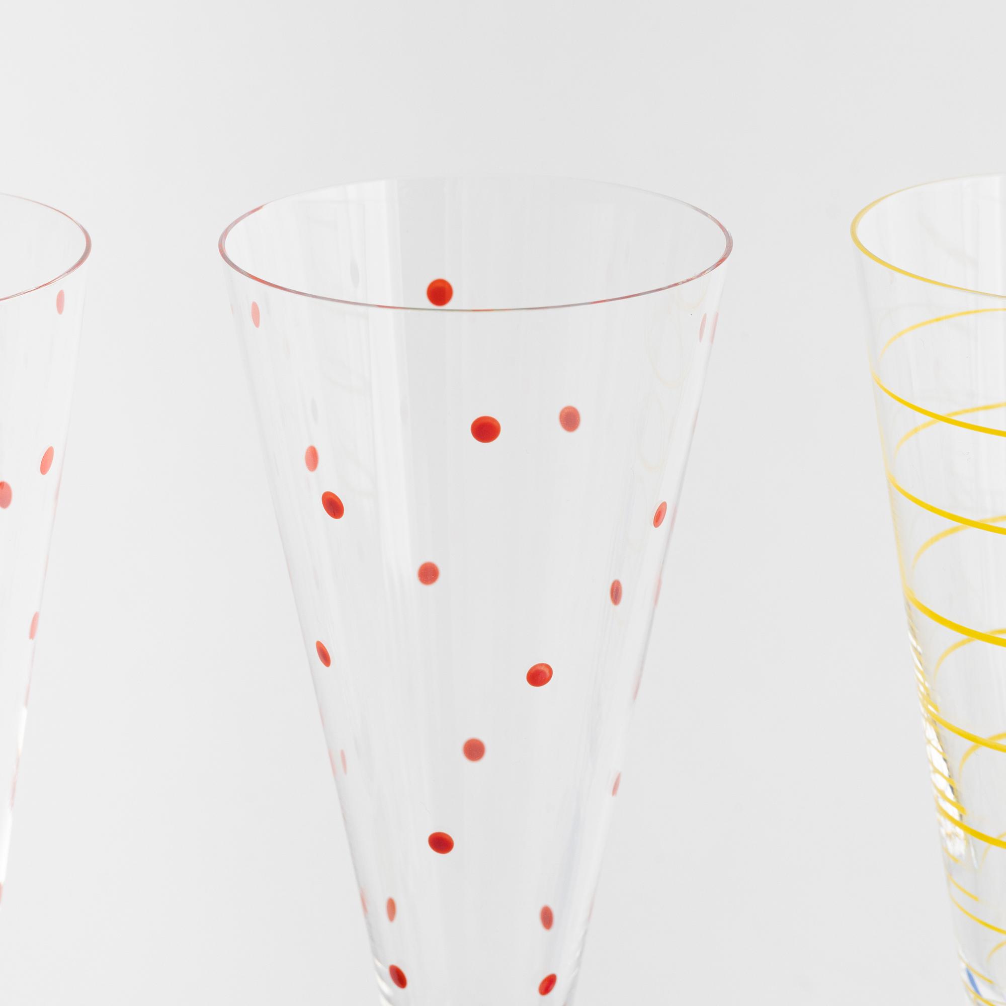 Anne Nilsson, four 'Clown' champagne glasses, Orrefors, Sweden.