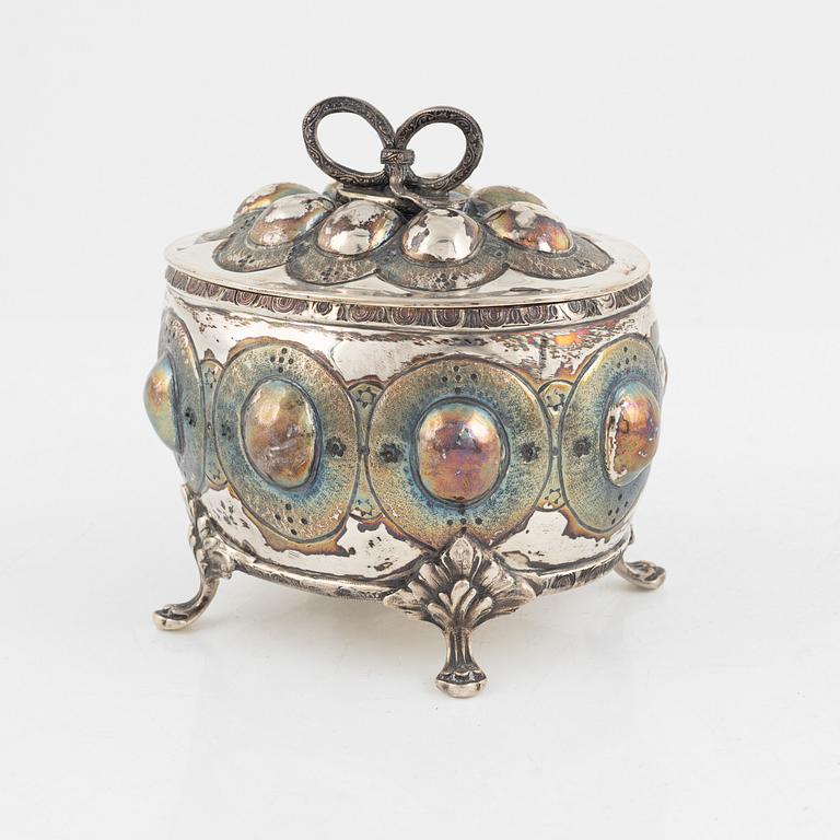 Presentation dish, bowl, and sugar box with lid, silver, Baroque style, 20th Century.