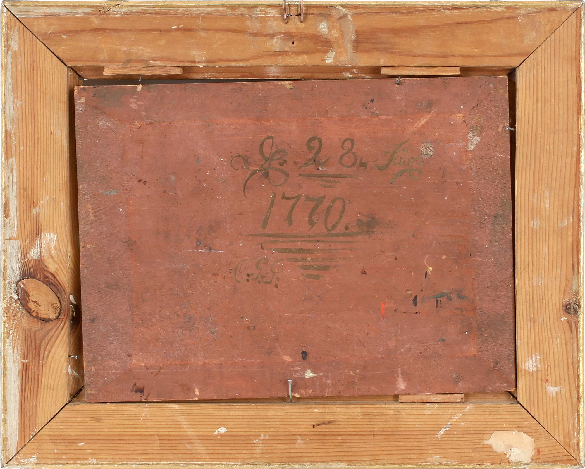 OKÄND KONSTNÄR, olja på pannå, ej signerad, bär otydliga monogram samt datering 1770 á tergo.