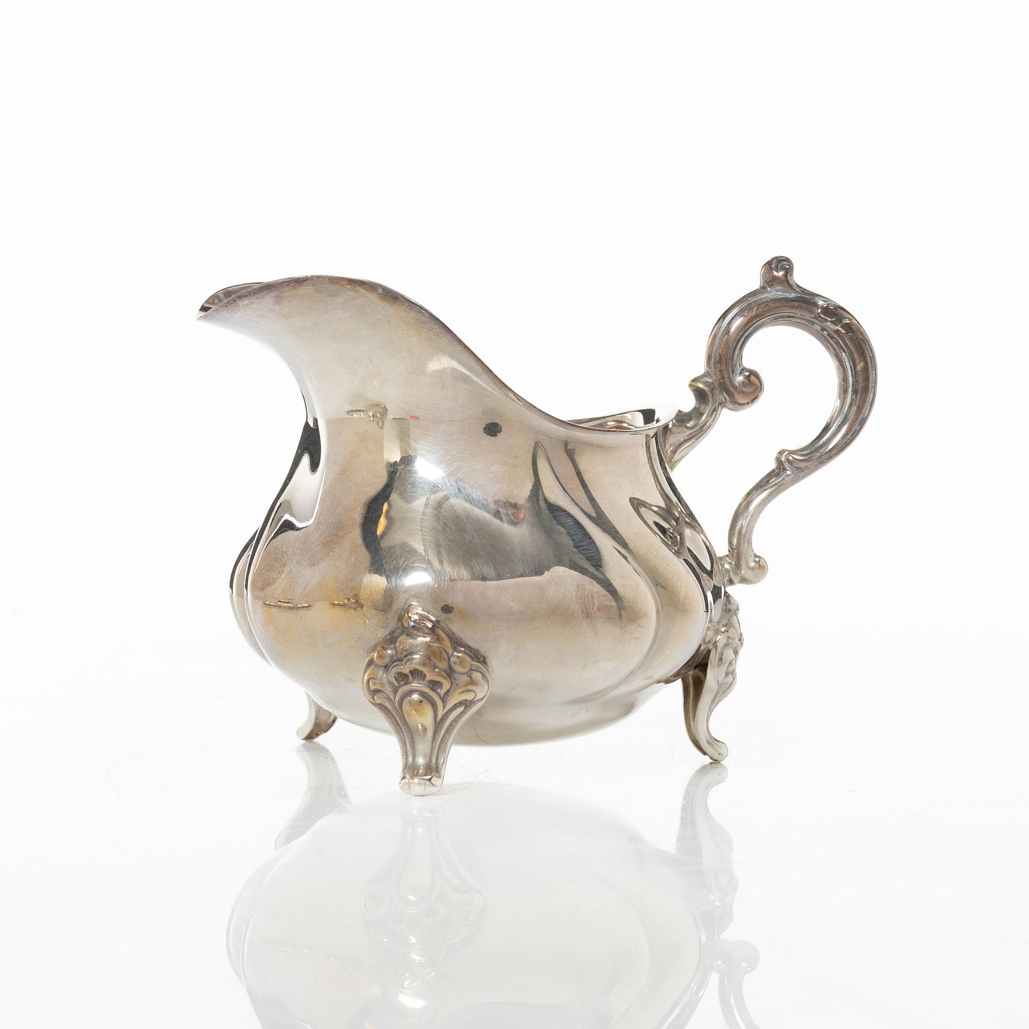 Wilhelm T Binder, sugar bowl, creamer, tray and sugar tong, silver, Schwäbisch Gmünd, Germany, 20th century.
