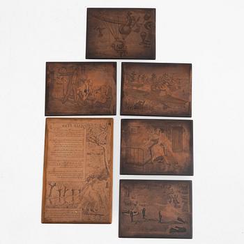 Six copper printing plates, France, 19th century.