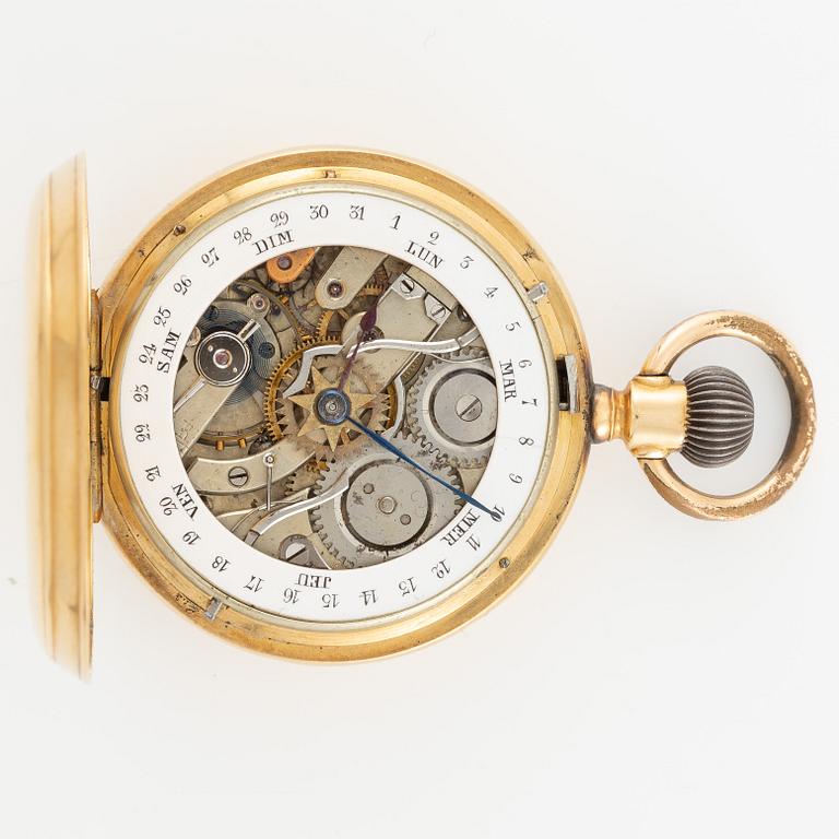 Pocket watch, 18K gold, hunter, calendar, 49.5 mm.