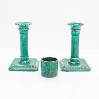 Wilhelm Kåge, A pair of 'Argenta' candlesticks and a miniatyr vase. Gustavsberg, Sweden.