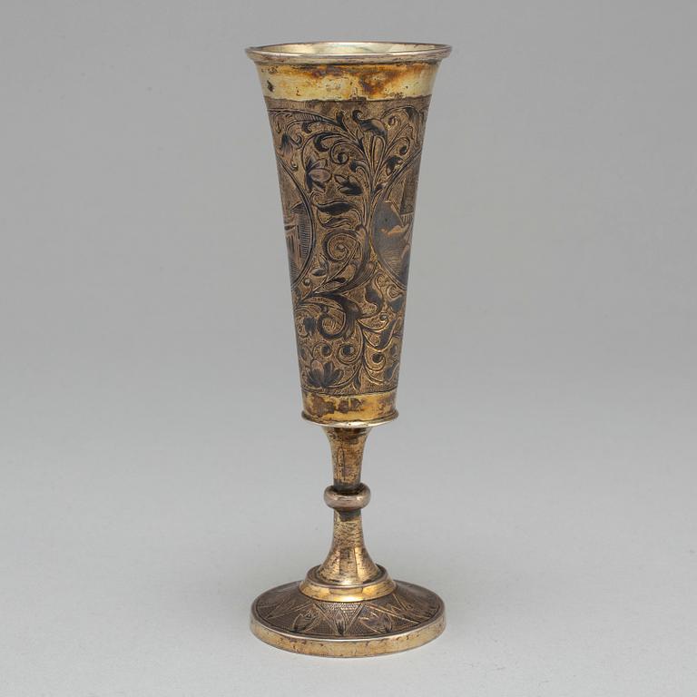 A Russian 19th century silver-gilt and niello champagne flute, unidentified makers mark, Moscow first half of 19th c.