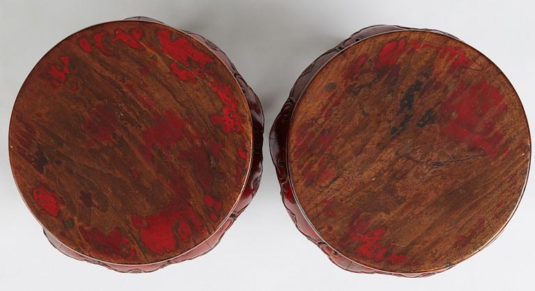 A pair of Chinese red lacquered stools/stands, early 20th century.