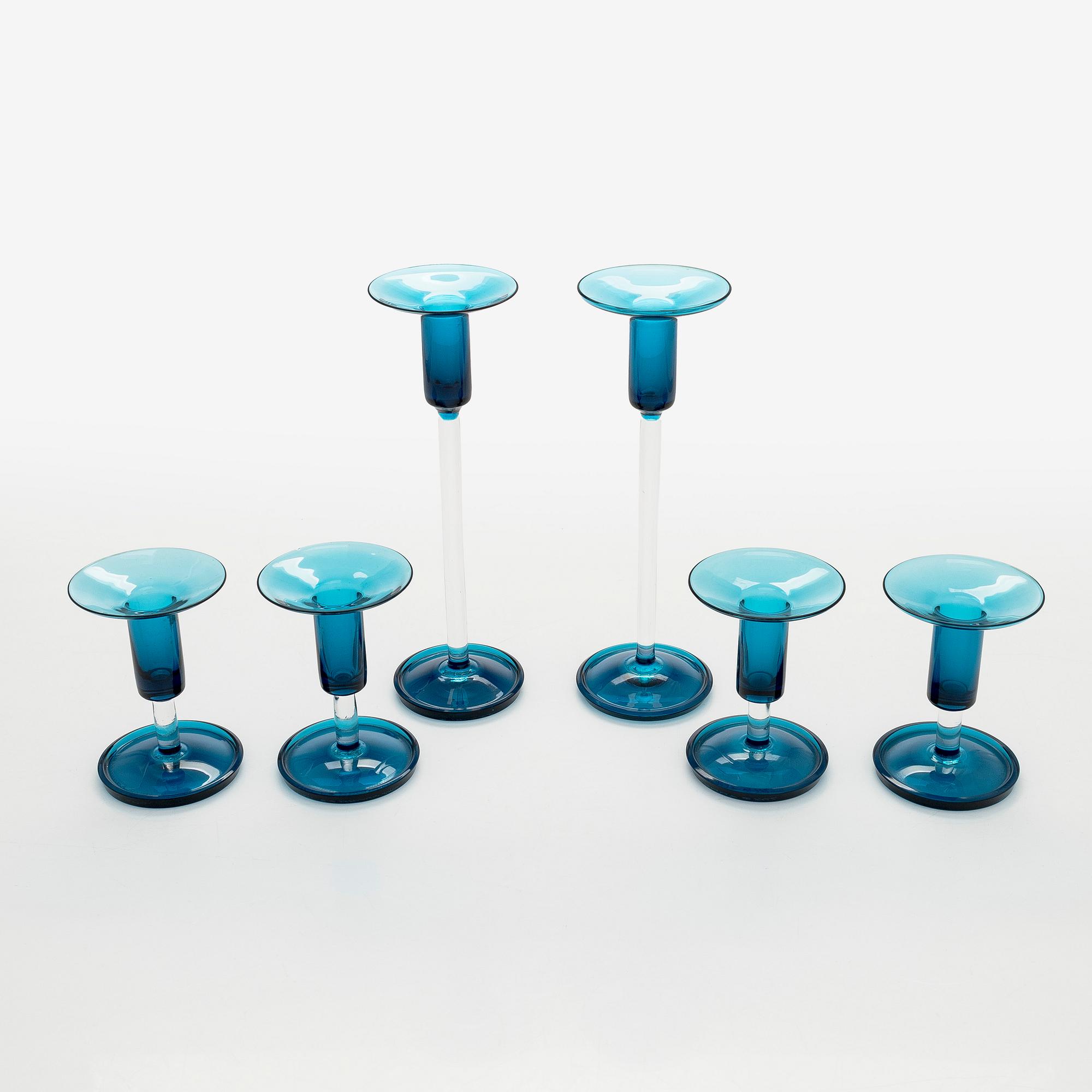 Nanny Still, Three pairs of 'Harelequin' glass candlesticks, Riihimäen Lasi Oy.