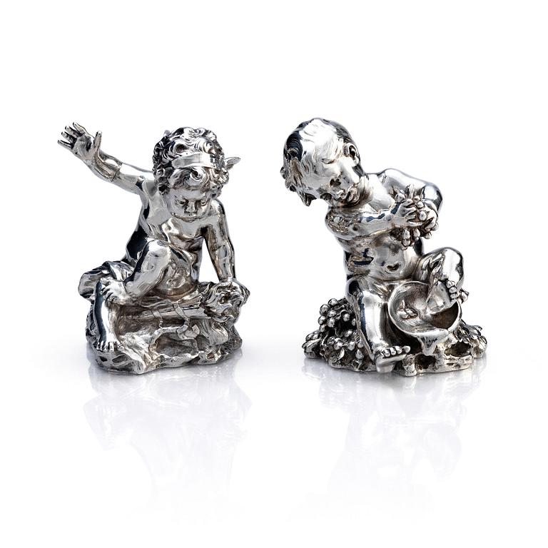 A pair of silver figurines, design by Auguste Moreau. W.A. Bolin, Moscow 1912-1917.