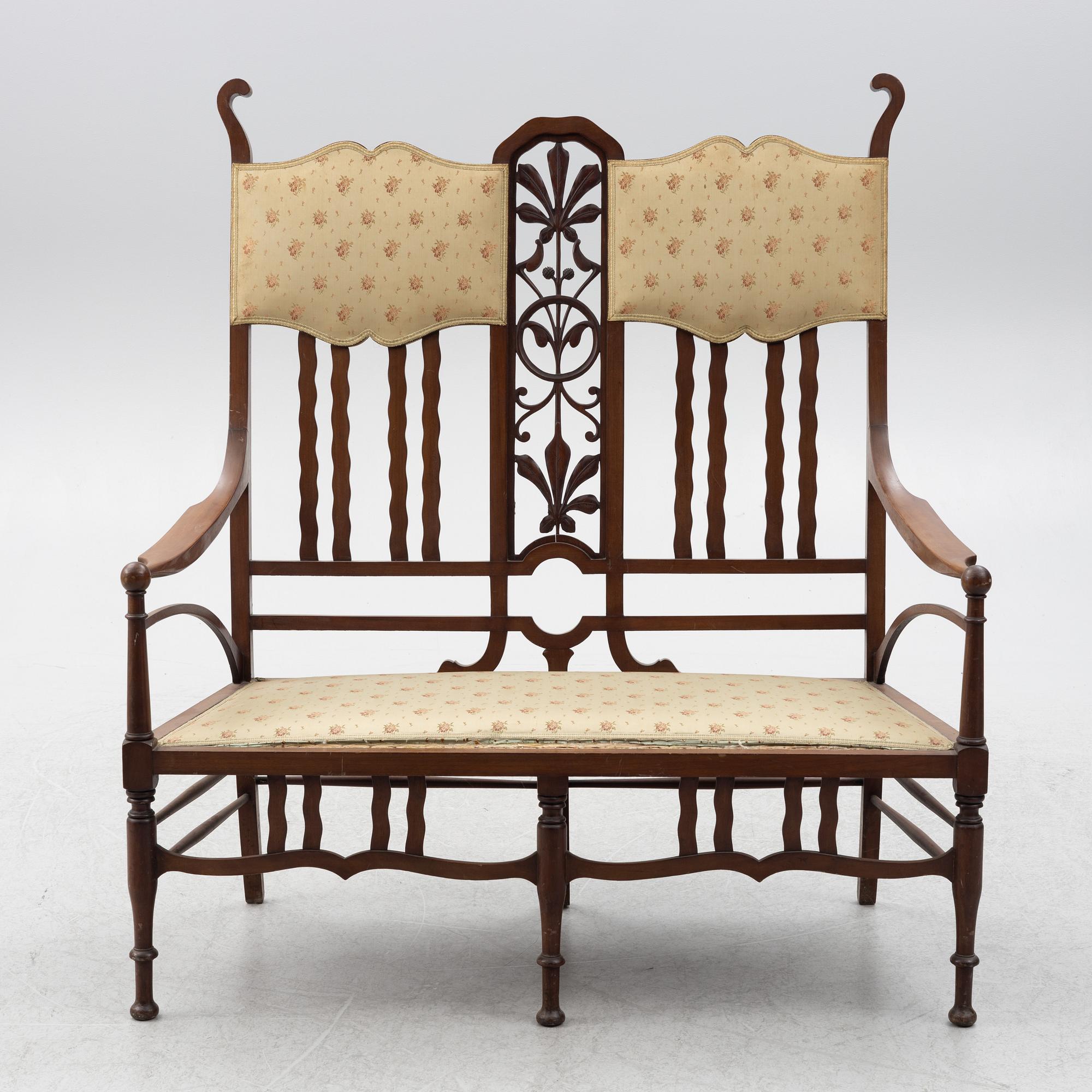 Soffa, 2 karmstolar, stol, jugend, omkring år 1900.