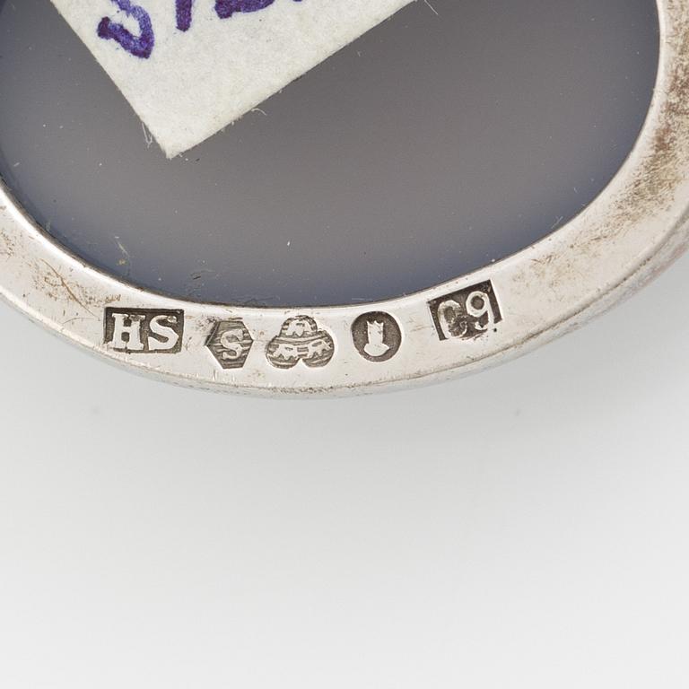 Two brooches, silver with chalcedony and white stones, SE Högberg, Gothenburg 1964 and H Strömdahl, Stockholm.