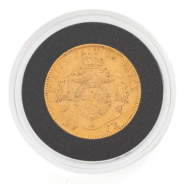 Gold coin, Belgium, Leopold II, 20 francs, 1877,