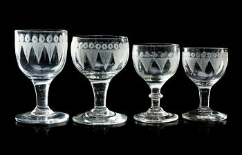 1391. A set of 20 (9+6+4+1) engraved Swedish wine glasses, first half of 19th Century.