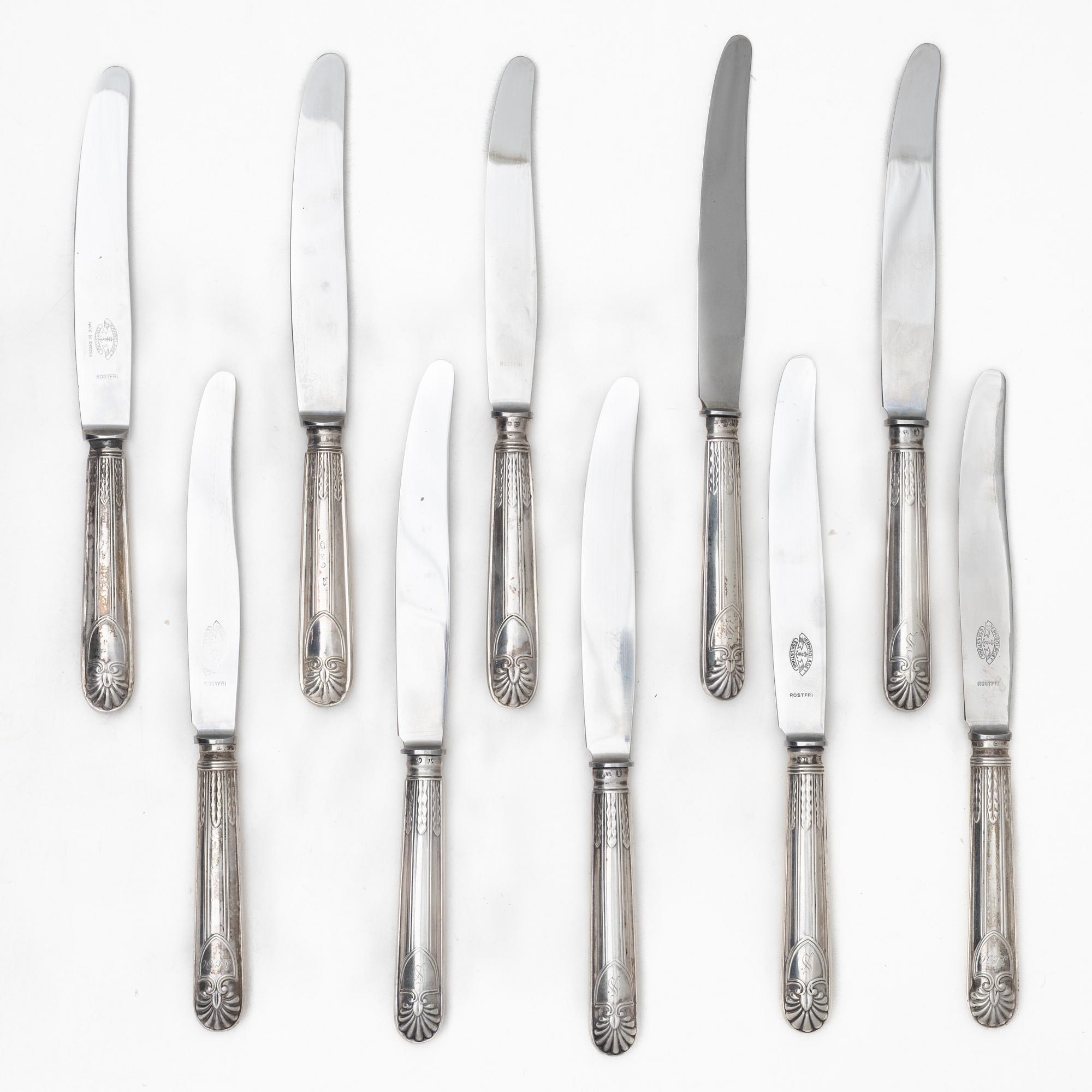 Ten Swedish silver knives, including with mark of Gustaf Möllenborg, Stockholm 1833.