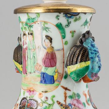 A canton famille rose enameled vase, turned into a table lamp, Qing dynasty, late 19th century.