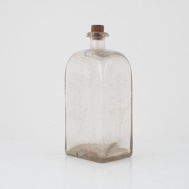 An engraved glass bottle, Limmareds Glasbruk, Sweden, 18th century.