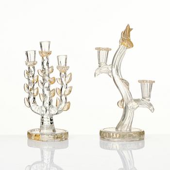 Ercole Barovier, two glass candelabra, Barovier & Toso, Murano, Italy mid 1900s.