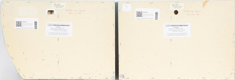 Beck & Jung, diptych, acrylic and computer ink plot on masonite, signed and dated 1982 verso.