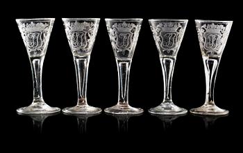 1198. A set of five Swedish wine goblets, 18th Century.