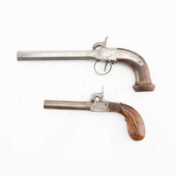 Pocket pistols two pieces, percussion lock, first half / mid 19th century.