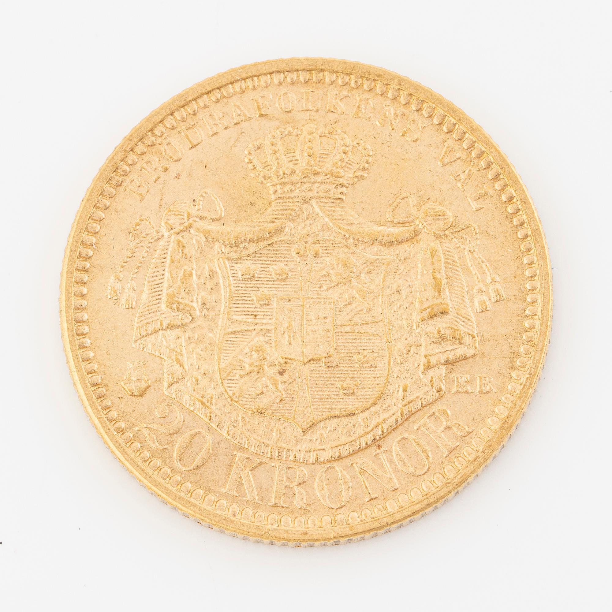 Gold coin, Oscar II, 20 kronor, type III, Sweden 1877.