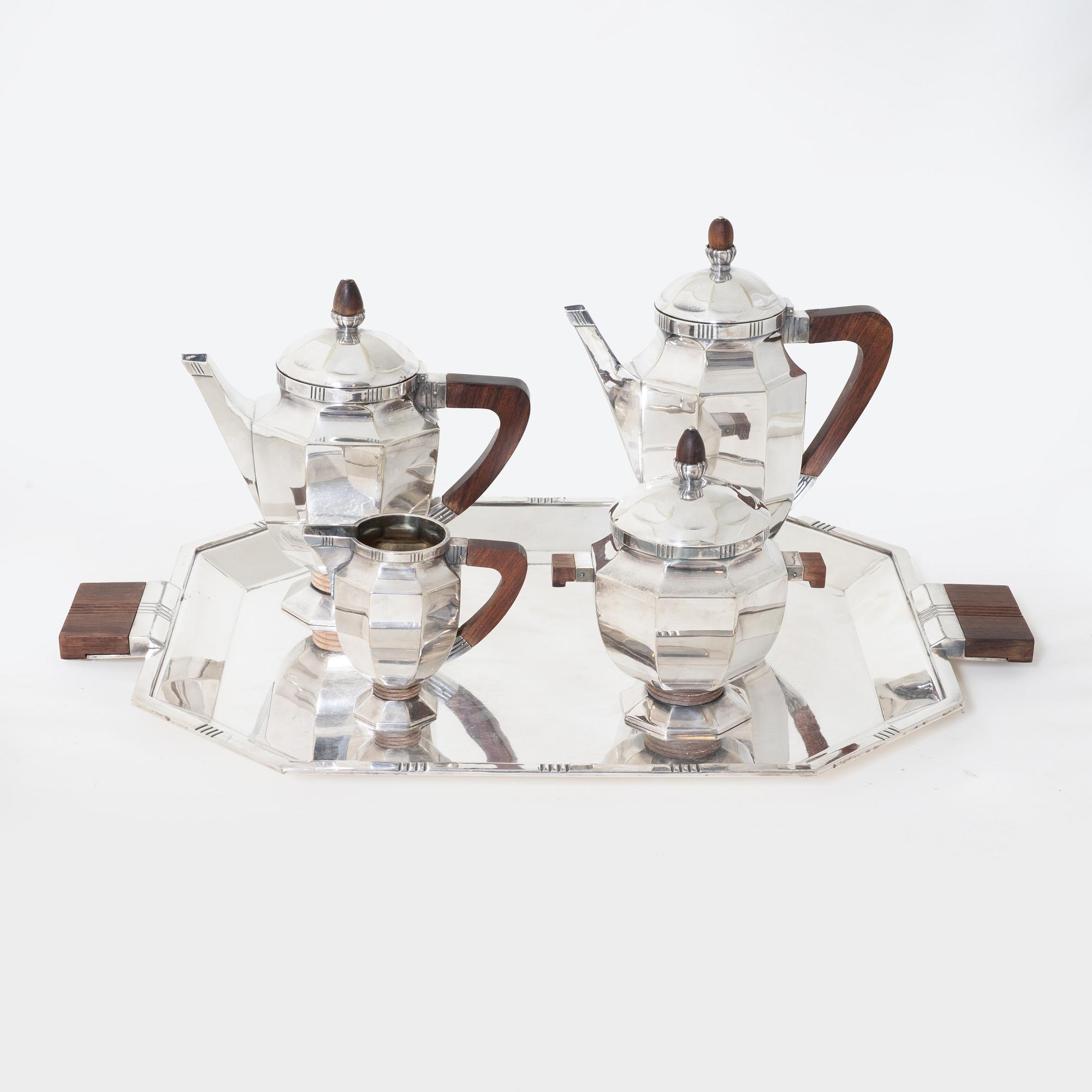 Kaffeservis, 5 delar, nysilver, Christofle Orfèvrerie Gallia, Paris, Frankrike, 1930-tal.