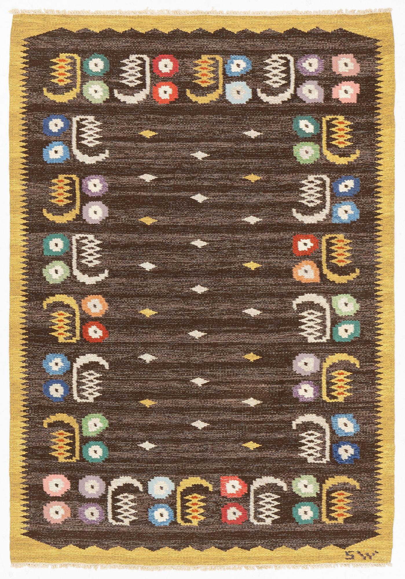 A flat weave carpet, signed SW (Solveig Westerberg), "Le Petite". Sold at Nils Nessim AB. 200 x 130 cm.