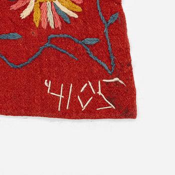 An embroided wool bed cover of 'fall of man' design, South west Scania, Sweden, first half of the 19th century.