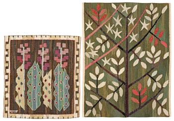 652. TEXTILES, 2 pieces. "Nattviol", flat weave. 42,5 x 39 cm, signed AB MMF. "Grön kvist med rött", tapestry weave 58,5 x 45,5. signed BN.
