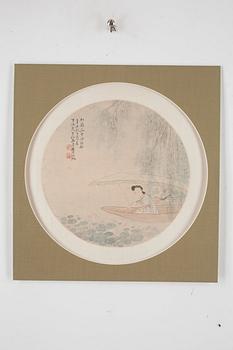 A painting with calligraphy attributed to Fei Danxu (1801-1850), of a woman in a boat on a lotus pond.