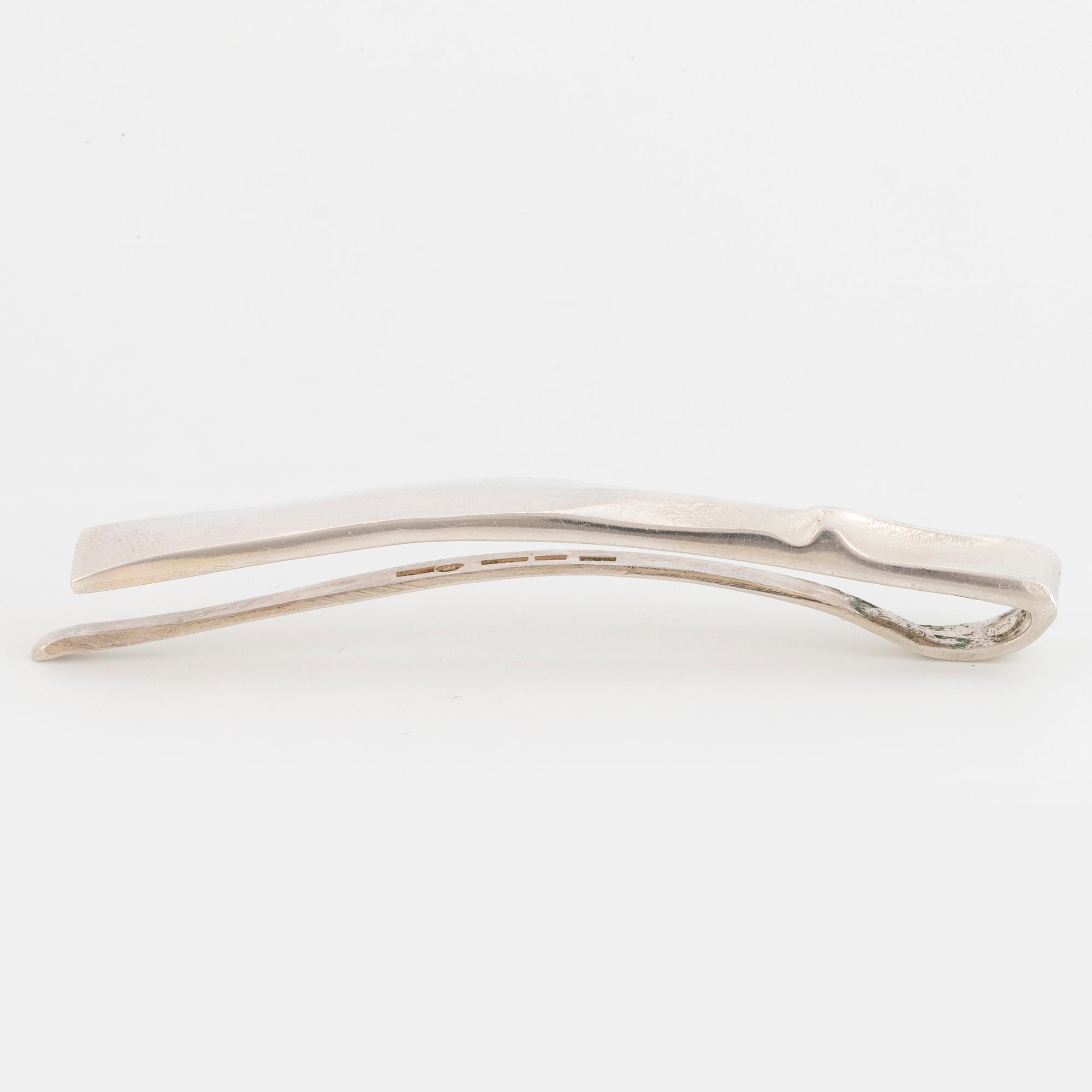 Earrings, silver, "Mini Punk" 1990, and tie clip, Björn Weckström, Lapponia.
