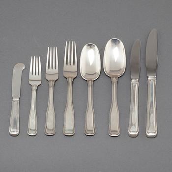 A silver set of table ware of 69 pcs by Georg Jensen, Denmark, from the latter half of the 20th century.