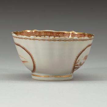 A red and gold "European subject" cup with saucer, Qing dynasty, Qianlong (1736-95).