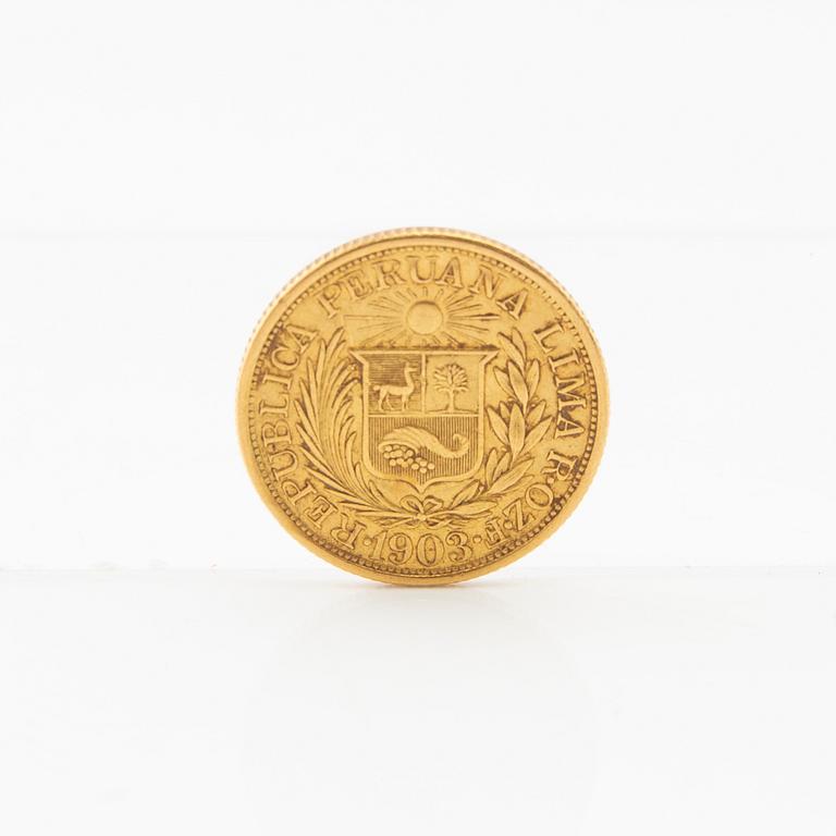 Gold coin 1 libra 1903 Peru.