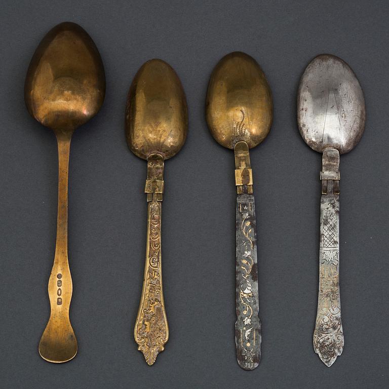 Four 18th century brass and iron spoons.