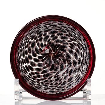 Riccardo Licata, a red glass "lattimo and black wheel murrine" bowl, model 3613, Venini, Murano, Italy, probably 1950's.