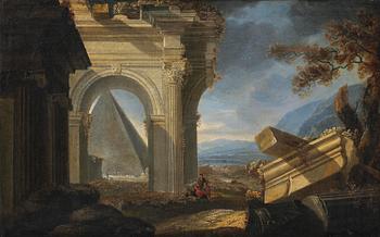 775. Giovanni Ghisolfi, follower of, Ruined landscape with resting figures.