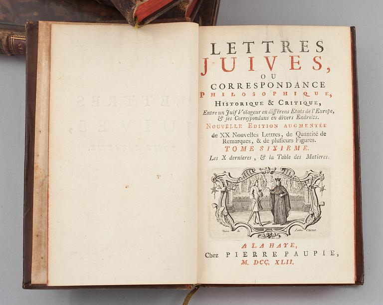 BOKVERK, 6 vol. "Lettres Juives..." av D'ARGENS, J.B. DE BOYER. 1742.