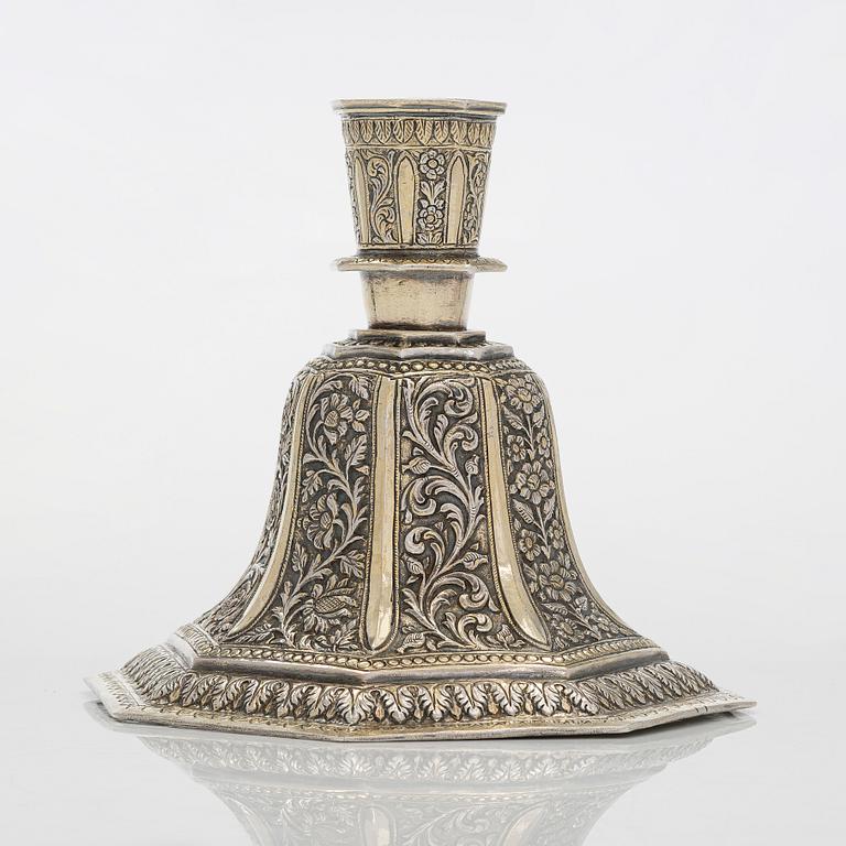 A parcel-gilt silver repoussé water pipe huqqa base, 18th/19th Century.