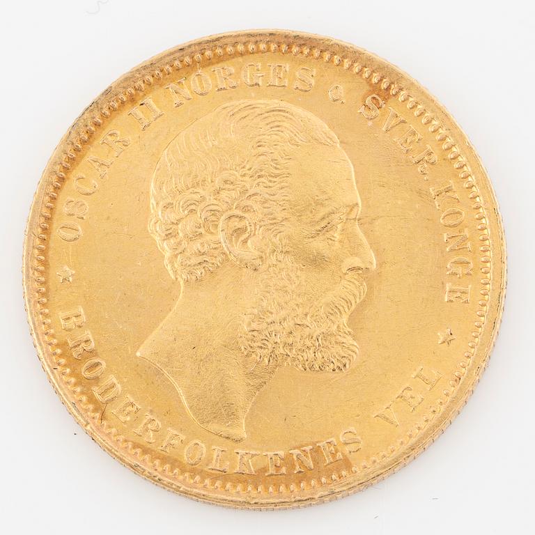 Pendant in gilded silver with two gold coins, 20 kr Oscar II 1875 and 5 rubles Nicholas II 1900.