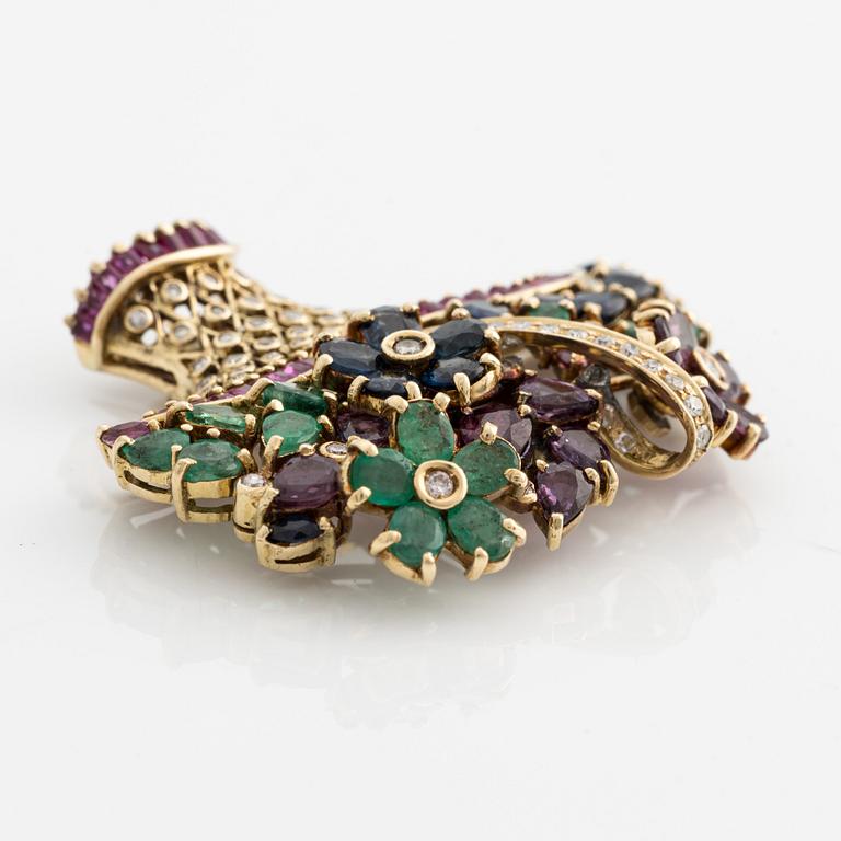 Brooch, flower basket, gold with rubies, sapphires, emeralds, and diamonds.