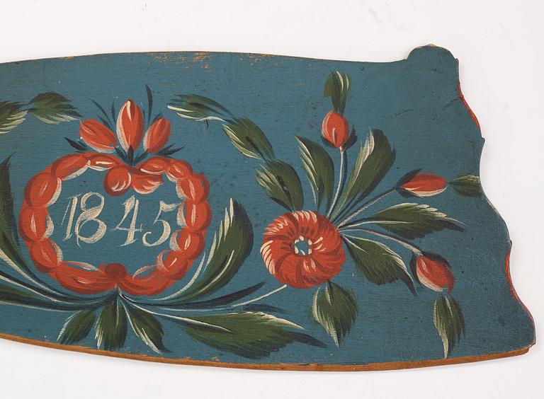 A painted traditional folk art flax knife, Trönö Hälsingland 1845.