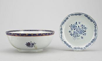 BÅLSKÅL samt FAT, porslin, Kina, Jiaqing (1769 - 1820) respektive Qianlong (1735-1736).