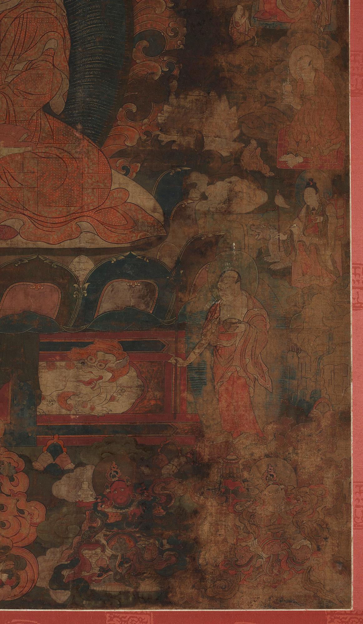 A Tibetan thangka of Shakyamuni Buddha with the eighteen  arhats, 18th century.