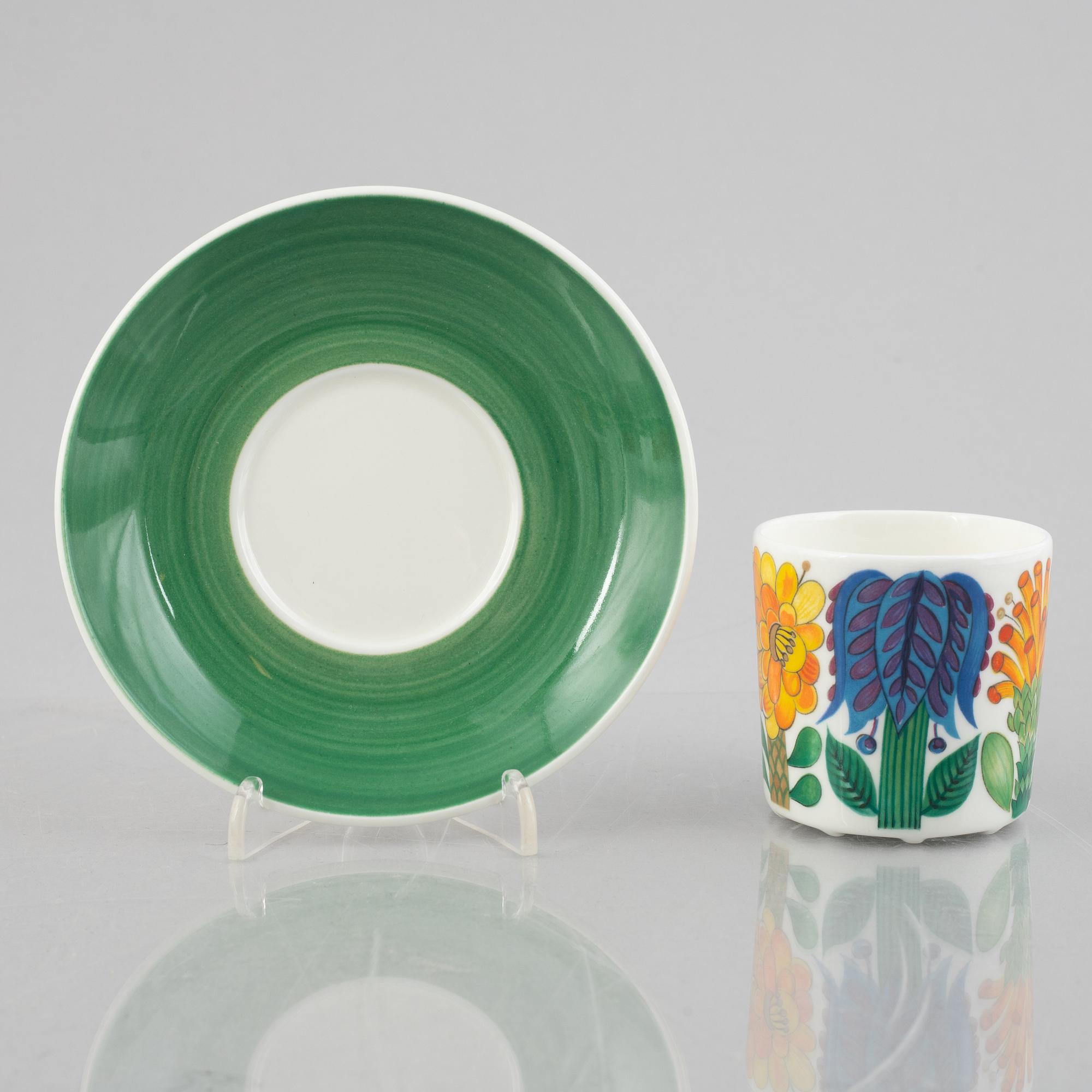 Stig Lindberg, six 'Tahiti' coffee cups with saucers, bone china, Gustavsberg, 1970-73.